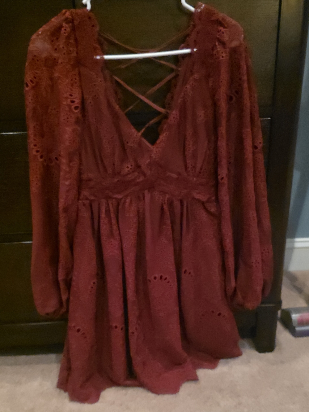 Altar'd State Rust Eyelet Lace-Up Long Sleeve Dress